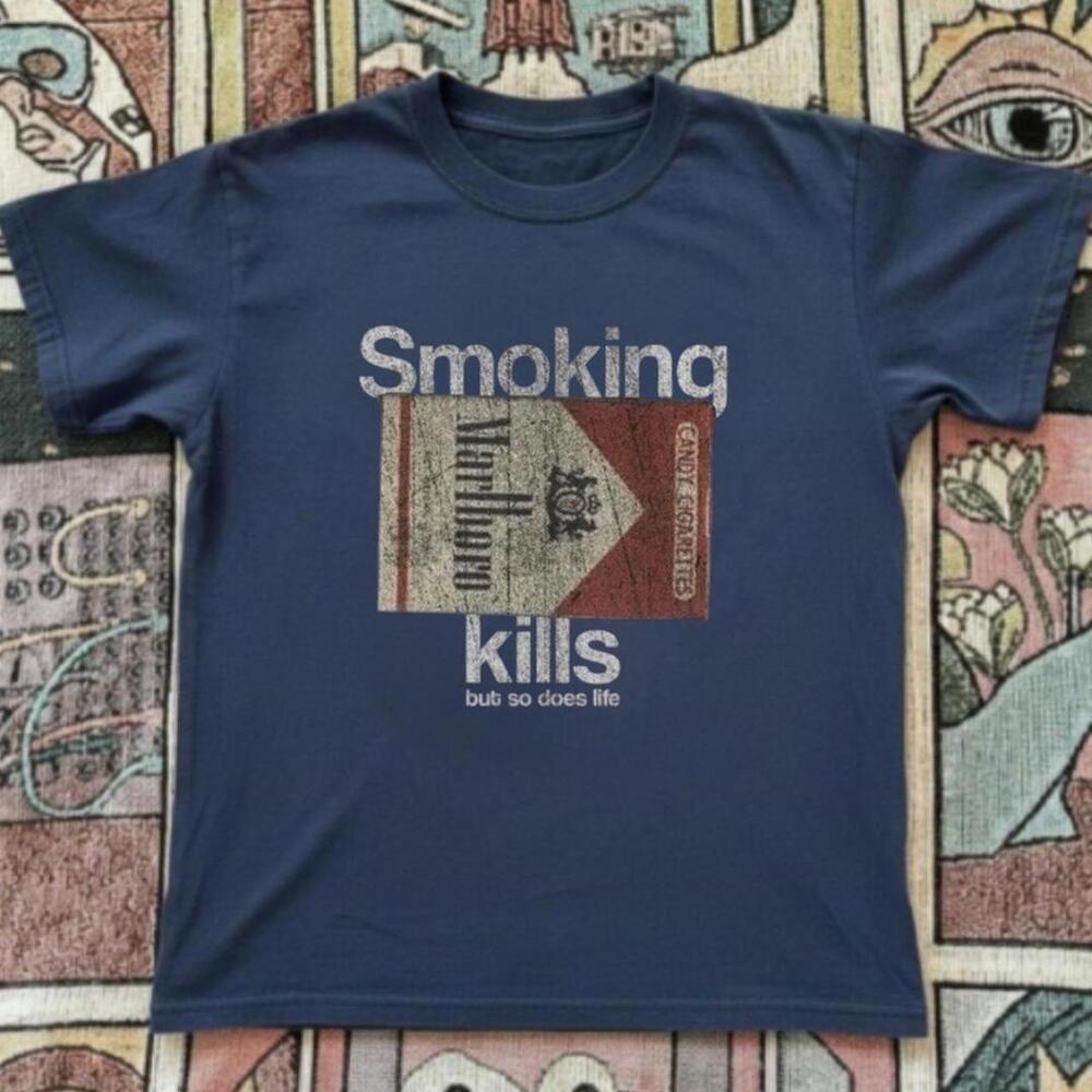 Gildan Men Navy T-Shirt, Marlboro Tee With A Cool